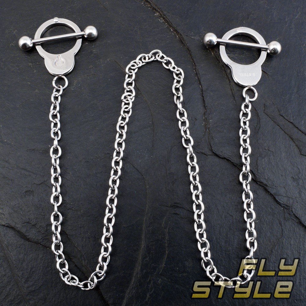 NIPPLE SHIELD BODY PIERCING HANDCUFF CHAIN SURGICAL STEEL bdsm domina